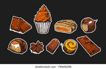 Hand drawn graphic chocolate set. Muffin, chocolate bar, cookie, candy. Isolated useful elements. Can be used for bakery, sweet shop or your design. 