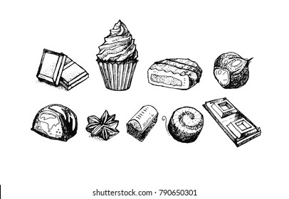 Hand drawn graphic chocolate set. Muffin, chocolate bar, cookie, candy. Isolated useful elements. Can be used for bakery, sweet shop or your design. 