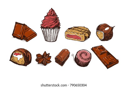 Hand drawn graphic chocolate set. Muffin, chocolate bar, cookie, candy. Isolated useful elements. Can be used for bakery, sweet shop or your design. 