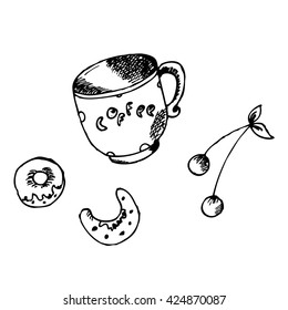 Hand drawn graphic coffee cup, baking and cherry. Eps 10 vector illustration. Donut, croissant and berries.