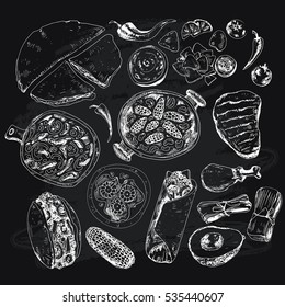 Hand drawn graphic collection with mexican food illustrations on chalkboard. Burrito, taco and other mexican traditional food in sketch style