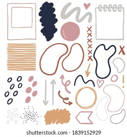 Hand drawn graphic decorative elements. Bullet journal web visual infographic sketch lines frames shapes dots points colorful isolated vector object set.