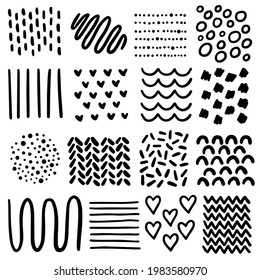 Hand drawn graphic decorative elements. Bullet journal web visual infographic sketch lines shapes circles dots points hearts monochrome isolated vector object set.