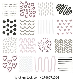 Hand drawn graphic decorative elements. Bullet journal web visual infographic sketch lines shapes circles dots points hearts gray taupe pink isolated vector object set.
