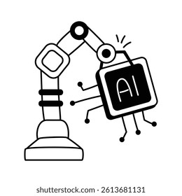 Hand drawn graphic depicting an industrial robot arm manipulating an AI chip