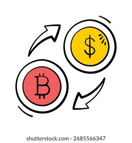 Handgezeichnete Grafik zeigt einen einfachen, klaren Austausch zwischen Bitcoin und US-Dollar-Währung.