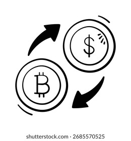 O gráfico desenhado à mão representa uma troca simples e clara entre a moeda Bitcoin e a moeda dólar americano.