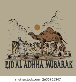 desenho à mão ilustração de design gráfico vintage de um camelo e um pastor no deserto