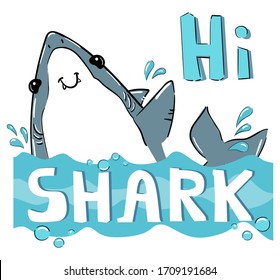 Hand drawn graphic design with shark and inscription - Hi. Vector illustration