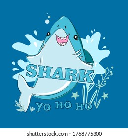 Hand drawn graphic design with shark and inscription - Shark. Vector illustration. Sketch fish sea. Childish print design for fabric, t-shirts, poster, background.