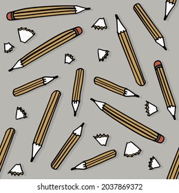 Hand drawn graphic doodle style yellow pencils surrounded by pencil shavings in a messy way. Vector seamless pattern isolated on gray background.