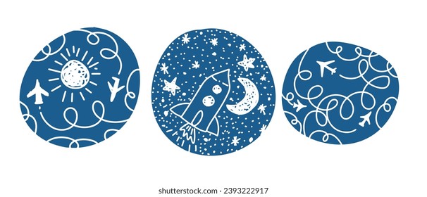 cohete de elementos gráficos dibujado a mano en el espacio. dibujo a mano. No IA, ilustración vectorial