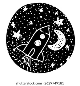 Foguete de elemento gráfico desenhado à mão em espaço monocromático. . desenho à mão. Não AI, ilustração Vetorial.