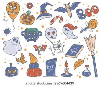 Hand drawn graphic elements of Halloween - pumpkin, ghost, cobweb, broom, candle, grave, candy, bat and others. Clip art collection for autumn holiday, Vector illustration.