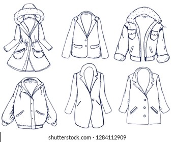 Hand drawn graphic elements set with outerwear: color coat, jacket, blazer. Vector illustration