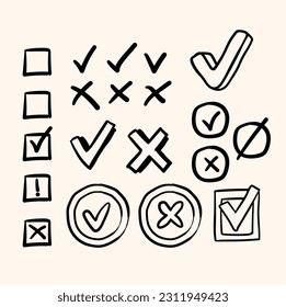 Hand drawn graphic elements set. Check mark, X sign and box, isolated on cream background