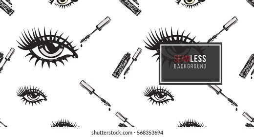 Hand drawn graphic eye and mascara. Contrasty glamour fashion seamless pattern in vogue style. Isolated elements on white background