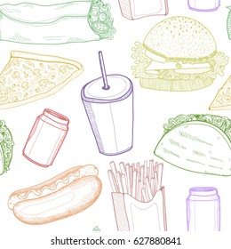 Hand drawn graphic fastfood. Colored vector seamless pattern