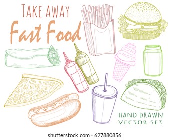 Hand drawn graphic fastfood. Colored vector set