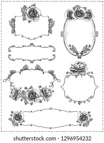 Hand drawn graphic floral frames with roses, love and wedding theme, vintage style