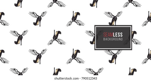 Hand drawn graphic flying black heel with angel wings. Glamour fashion seamless pattern in graphic style. Endless pattern with white background.