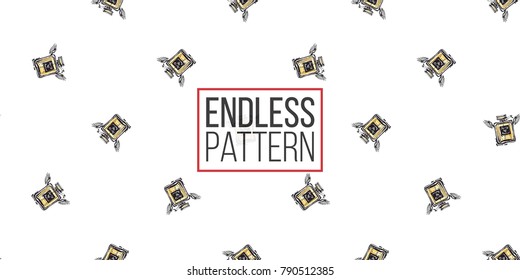 Hand drawn graphic flying cologne with angel wings. Glamour fashion seamless pattern in graphic style. Endless pattern with white background.