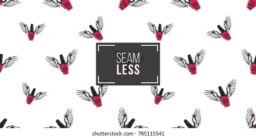 Hand drawn graphic flying enamel with angel wings. Glamour fashion seamless pattern in graphic style. Endless pattern with white background.