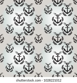 Hand drawn graphic flying laurel anchor. Nautical vector summer kid fashion. Cartoon sea baby seamless pattern in retro style. Marine endless background.
