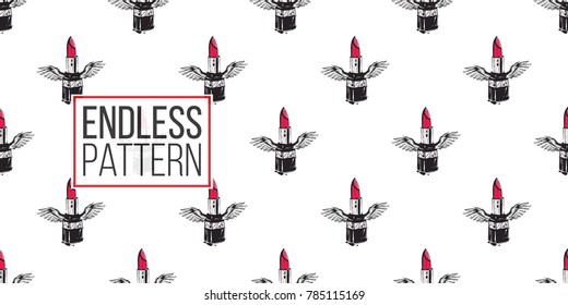 Hand drawn graphic flying lipstick with angel wings. Glamour fashion seamless pattern in graphic style. Endless pattern with white background.