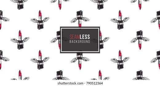 Hand drawn graphic flying lipstick with angel wings. Glamour fashion seamless pattern in graphic style. Endless pattern with white background.