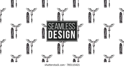 Hand drawn graphic flying mascara with angel wings. Glamour fashion seamless pattern in graphic style. Endless pattern with white background.
