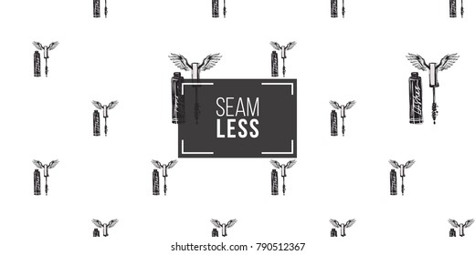 Hand drawn graphic flying mascara with angel wings. Glamour fashion seamless pattern in graphic style. Endless pattern with white background.