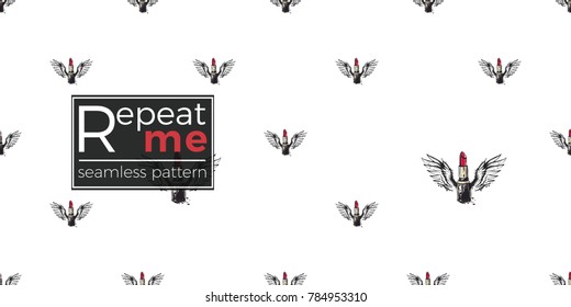 Hand drawn graphic flying red stick with angel wings. Glamour fashion seamless pattern in graphic style. Endless pattern with white background.