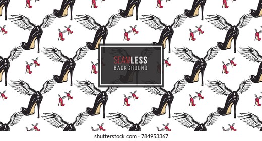 Hand drawn graphic flying red heels and black heel with angel wings. Glamour fashion seamless pattern in graphic style. Endless pattern with white background.