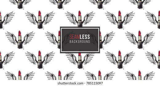 Hand drawn graphic flying red stick with angel wings. Glamour fashion seamless pattern in graphic style. Endless pattern with white background.