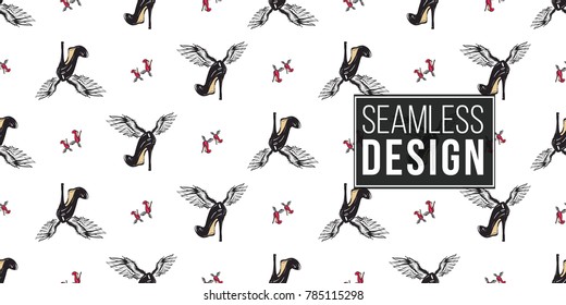 Hand drawn graphic flying red heels and black heel with angel wings. Glamour fashion seamless pattern in graphic style. Endless pattern with white background.