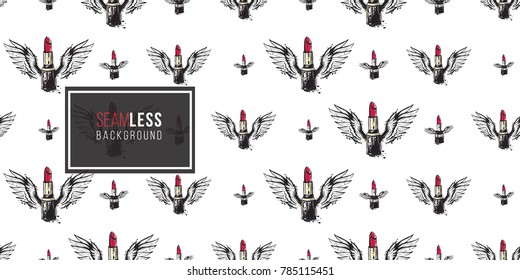 Hand drawn graphic flying red stick and lipstick with angel wings. Glamour fashion seamless pattern in graphic style. Endless pattern with white background.