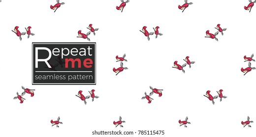 Hand drawn graphic flying red heels with angel wings. Glamour fashion seamless pattern in graphic style. Endless pattern with white background.