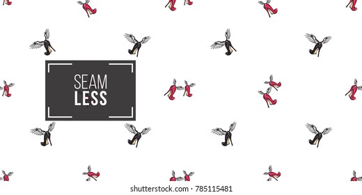 Hand drawn graphic flying red heels and black heel with angel wings. Glamour fashion seamless pattern in graphic style. Endless pattern with white background.