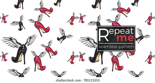 Hand drawn graphic flying red heels and black heel with angel wings. Glamour fashion seamless pattern in graphic style. Endless pattern with white background.