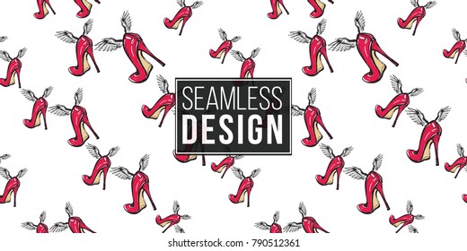 Hand drawn graphic flying red heels with angel wings. Glamour fashion seamless pattern in graphic style. Endless pattern with white background.