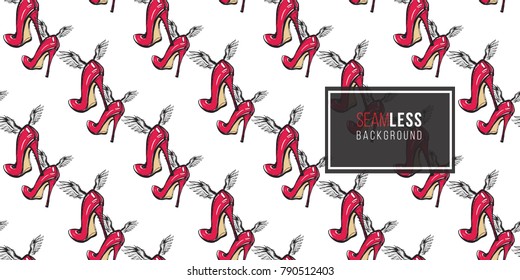 Hand drawn graphic flying red heels with angel wings. Glamour fashion seamless pattern in graphic style. Endless pattern with white background.