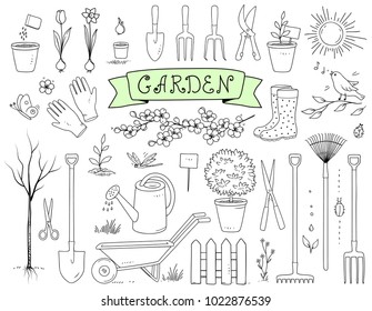 Hand Drawn Graphic Garden Tools Set On White