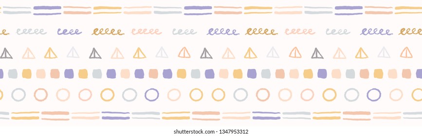 Hand drawn graphic geo shapes seamless border pattern. Sketchy organic line triangle vector illustration. Modern edging graphic design. Fresh scandi style scribble. Home decor textile ribbon trim.