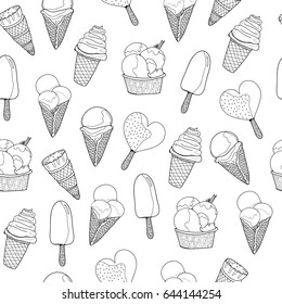 Hand drawn graphic ice cream. Vector seamless pattern