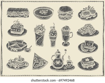 handgezeichnete grafische Illustration von verschiedenen Lebensmitteln, Desserts und Getränken, Vintage-Vektorsymbol-Set