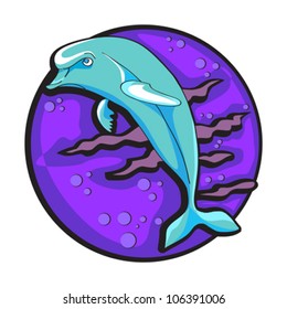 hand drawn graphic illustration of a dolphin under the sea, clip art isolated on white