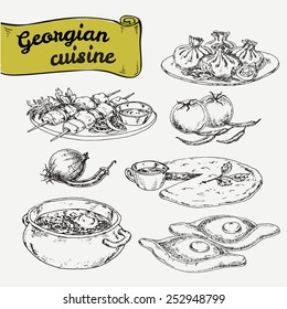 Hand drawn graphic illustration georgian cuisines. Vector