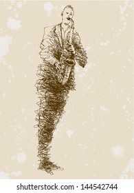 Hand drawn graphic illustration of musician playing on sax, retro style. Card of saxophonist on grunge background.
