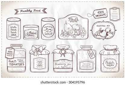 Hand drawn graphic illustration set of canned goods and tags on a paper.